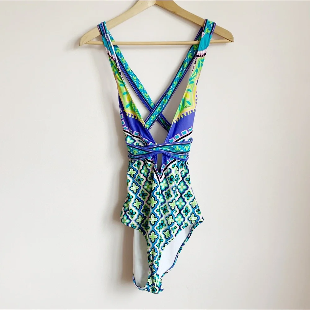 Trina Turk Patterned, Strappy One-Piece Swimsuit, Deep Plunge Front - Picture 2 of 8